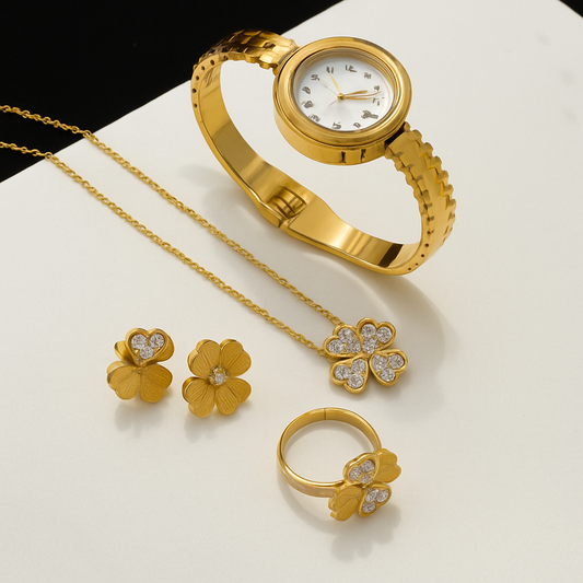 ✨ Elegant Four-Leaf Clover Jewelry Set with Gold Watch